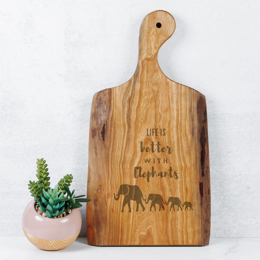 Elephant Family Cherry Artisan Wood Serving Board Engraved – “Life is Better with Elephants”