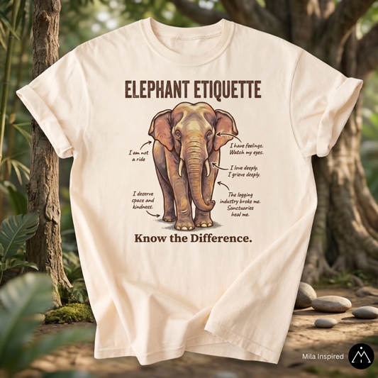 Asian elephant illustration t-shirt with handwritten annotations promoting kindness, respect, and ethical wildlife awareness. Elephant Sanctuary shirt