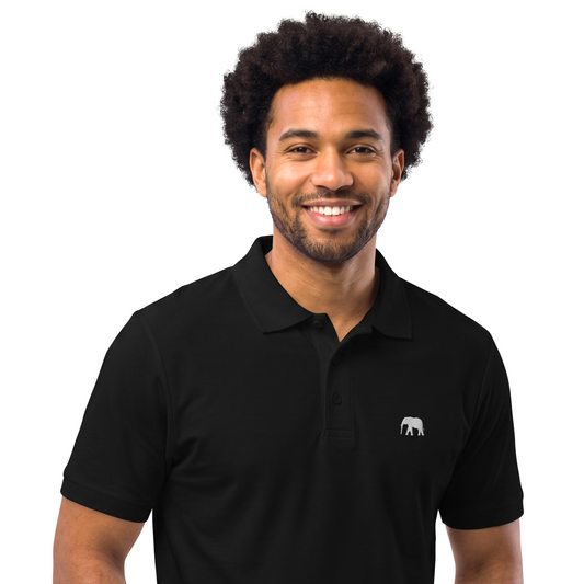 african american Man wearing a black polo shirt with an african elephant on a white background