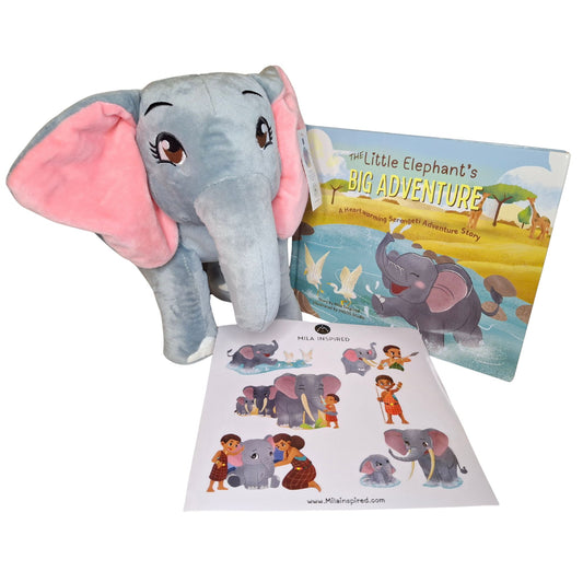Plush elephant toy with a children's elephant book and sticker sheet on a white background