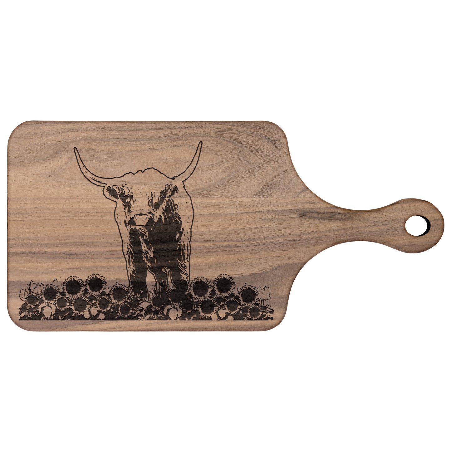 Crafted Elegance: Horizontal Highland Cow and Sunflowers Maple and Walnut Hardwood Cutting Boards | Great Housewarming Gifts