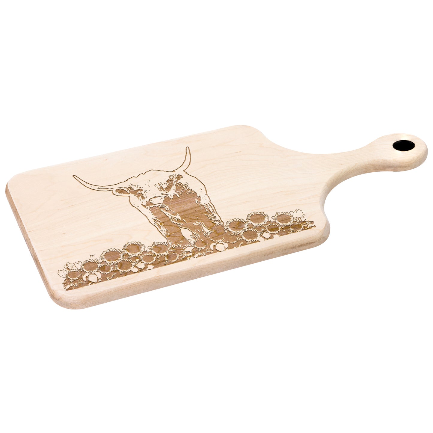 Crafted Elegance: Horizontal Highland Cow and Sunflowers Maple and Walnut Hardwood Cutting Boards | Great Housewarming Gifts