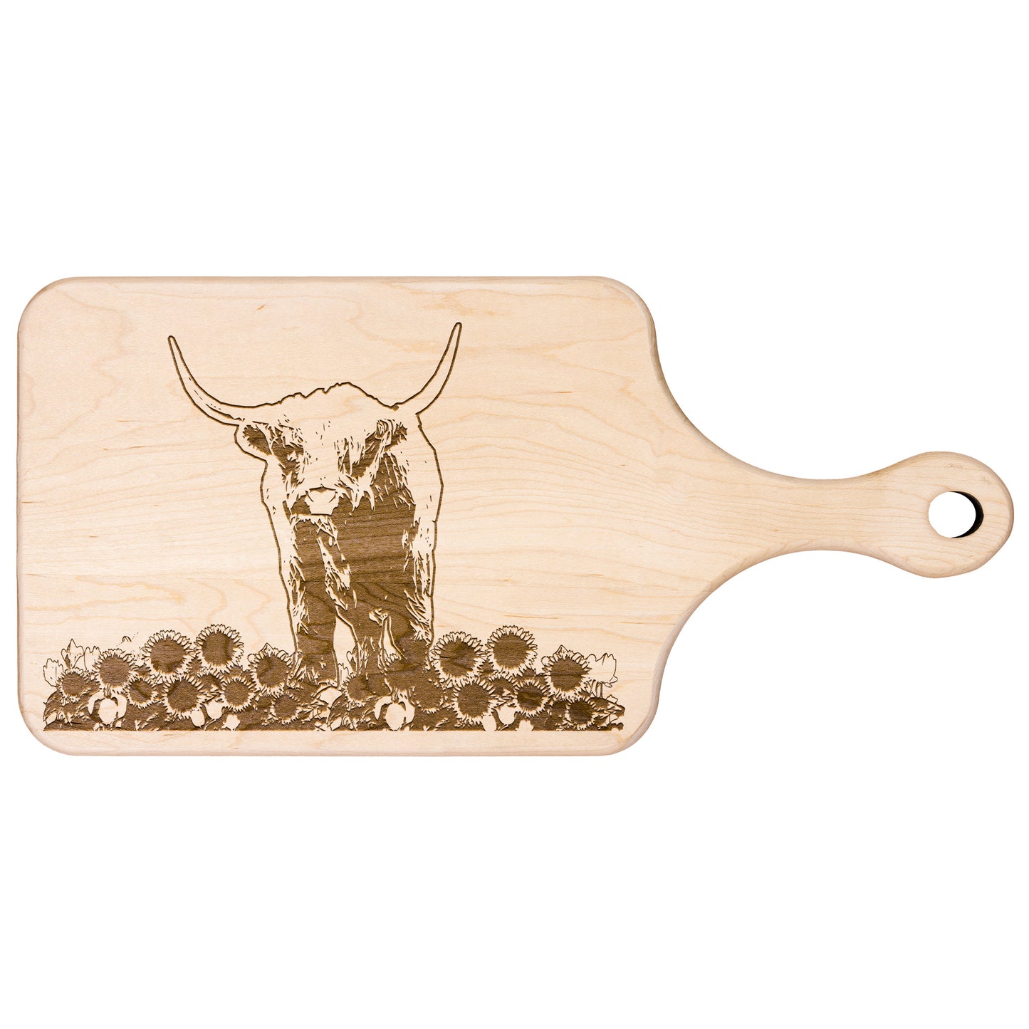 Crafted Elegance: Horizontal Highland Cow and Sunflowers Maple and Walnut Hardwood Cutting Boards | Great Housewarming Gifts