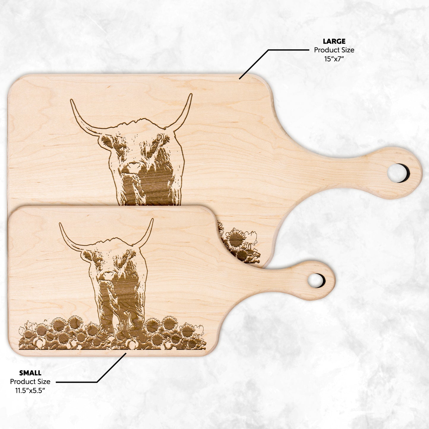 Crafted Elegance: Horizontal Highland Cow and Sunflowers Maple and Walnut Hardwood Cutting Boards | Great Housewarming Gifts