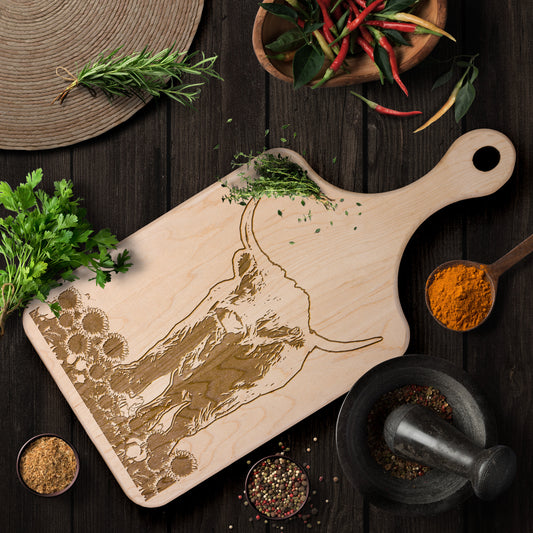 Crafted Elegance: Vertical Highland Cow and Sunflowers Maple and Walnut Hardwood Cutting Boards | Great Housewarming Gifts