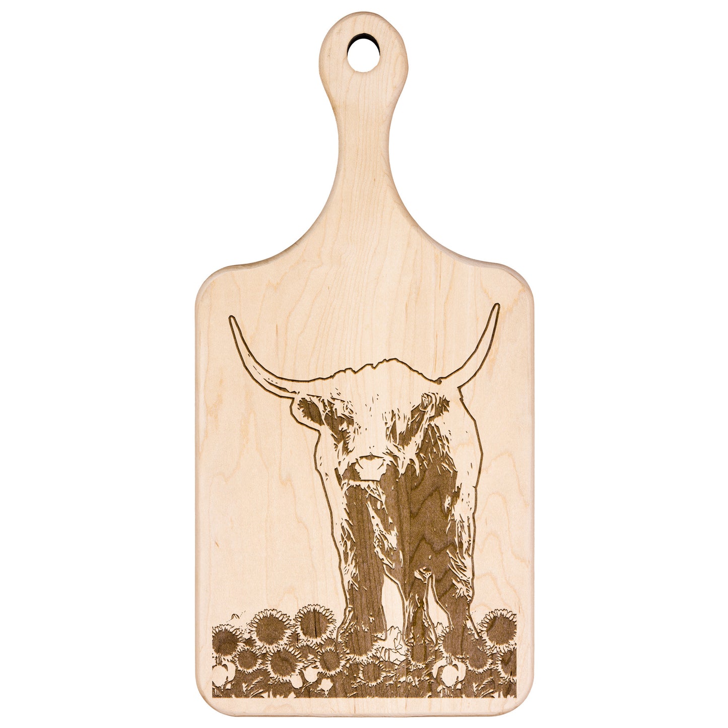 Crafted Elegance: Vertical Highland Cow and Sunflowers Maple and Walnut Hardwood Cutting Boards | Great Housewarming Gifts