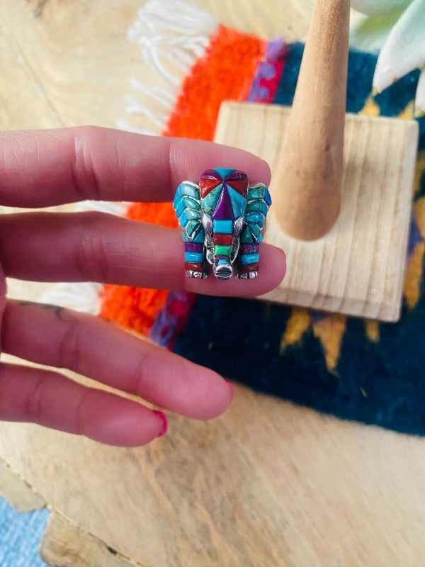 Elephant Ring | Sterling Silver & Multi Stone Inlay Elephant Ring | Size 7.5 | Hnadmade