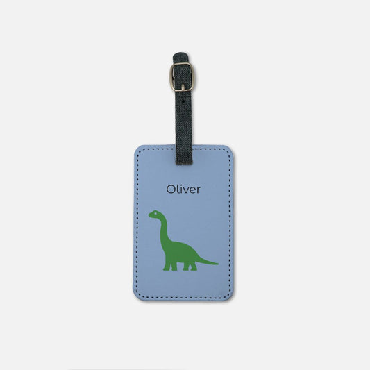 Personalized Green Dinosaur Luggage Tag with Black Buckle - Baby Blue Front and Gray Canvas Back