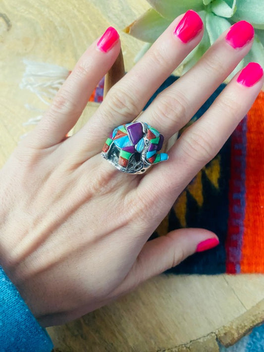Handmade Elephant Sterling Silver & Multi Stone Inlay Elephant Ring | Size 7.5
