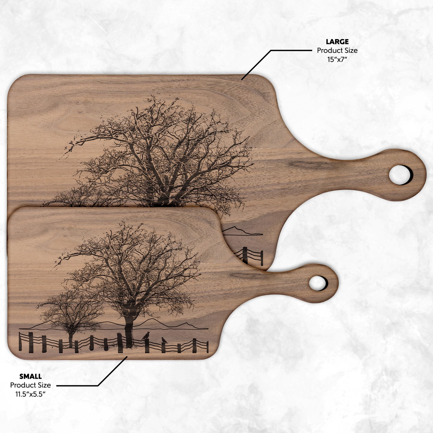 Maple Cutting Board, Walnut Cutting Board, Paddle Cutting Board with Trees & Fence, Perfect Housewarming Gift, Farm Boards Crafted in USA