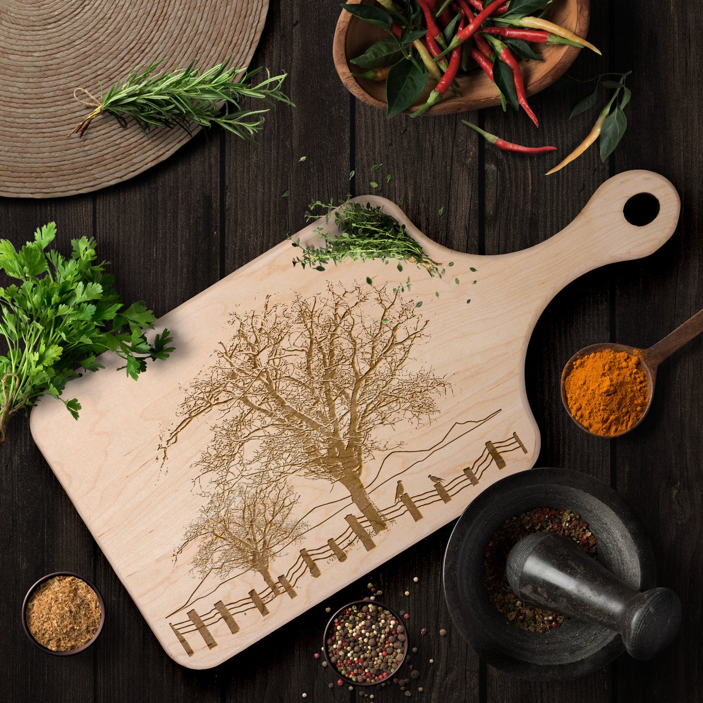 Maple Cutting Board, Walnut Cutting Board, Paddle Cutting Board with Trees & Fence, Perfect Housewarming Gift, Farm Boards Crafted in USA