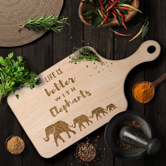Paddle Cutting Board with Elephants | Life is Better with Elephants | Mama Elephant and her baby elephants | Maple and Walnut Hardwood Cutting Boards