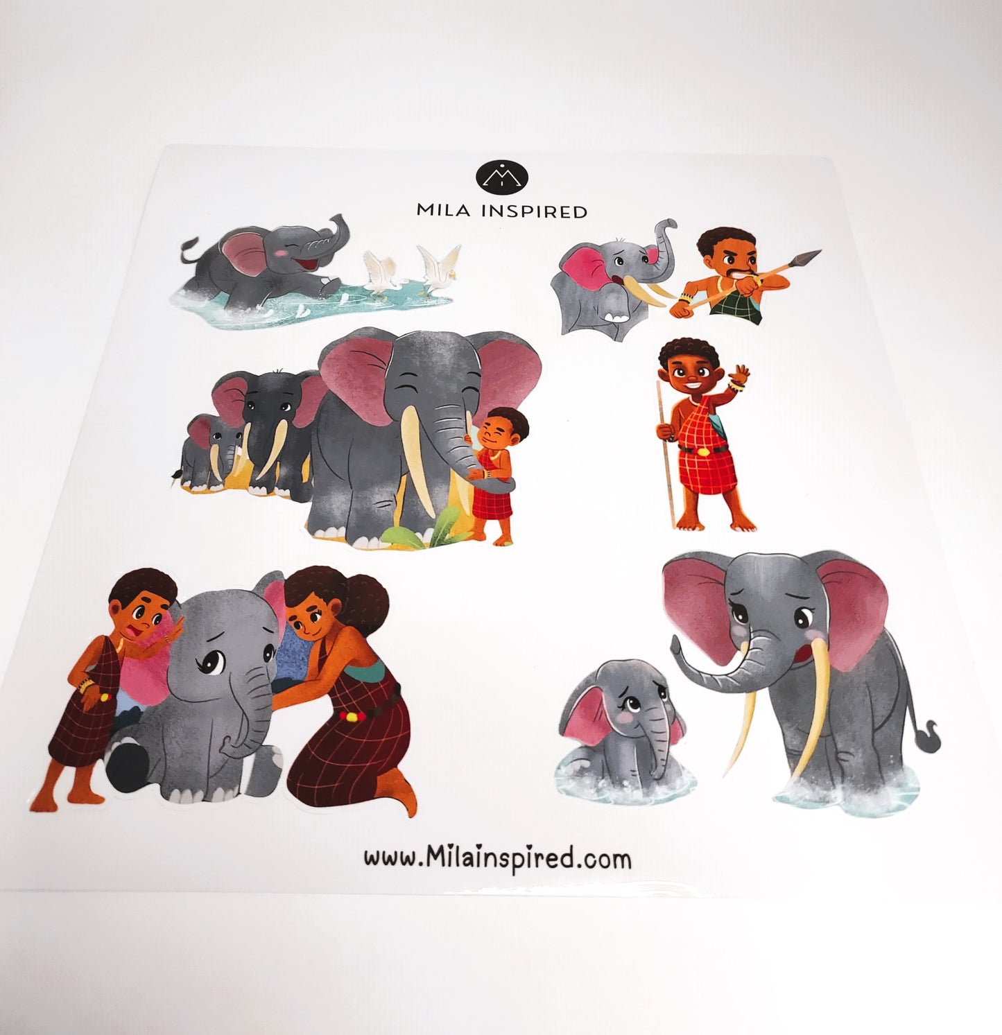 8x8 inch Sticker Sheet of Amara and her Friends | Die-Cut Water-resistant Elephant Stickers | Outdoor and Indoor Stickers | Bottle Stickers