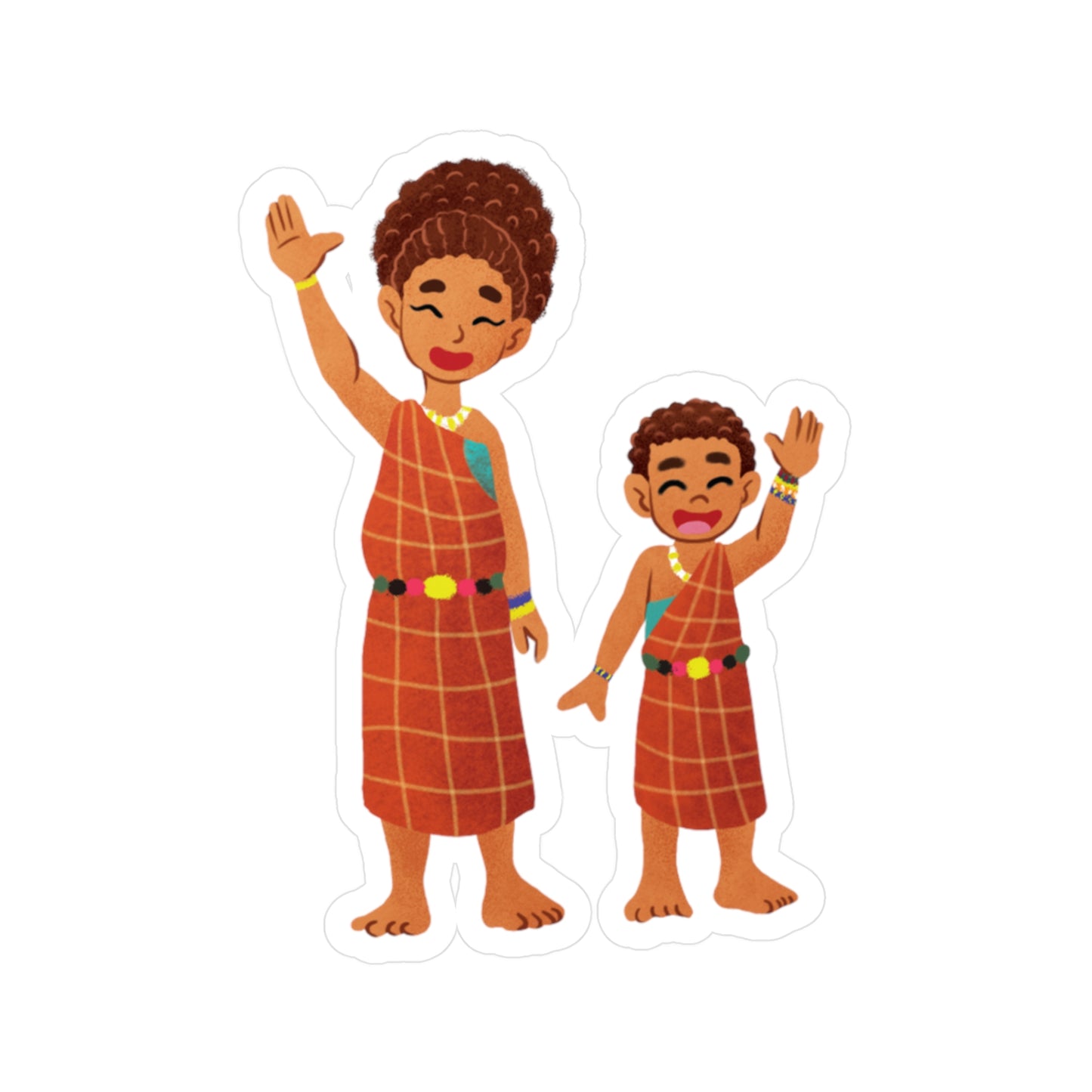 Stickers of Yaro the Maasai Village Boy and his Mother Waving Goodbye | Die-Cut Maasai Family Stickers | Outdoor and Indoor Stickers | Water-resistant Stickers
