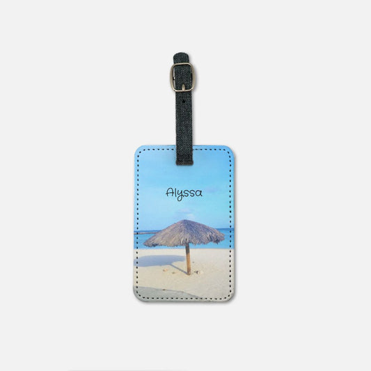 Personalized Tiki Hut Beach Umbrella Luggage Tag with Black Buckle - Sky Blue Front and Gray Canvas Back