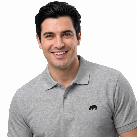 Man wearing a gray polo shirt with a small emboidered rhino on a white background