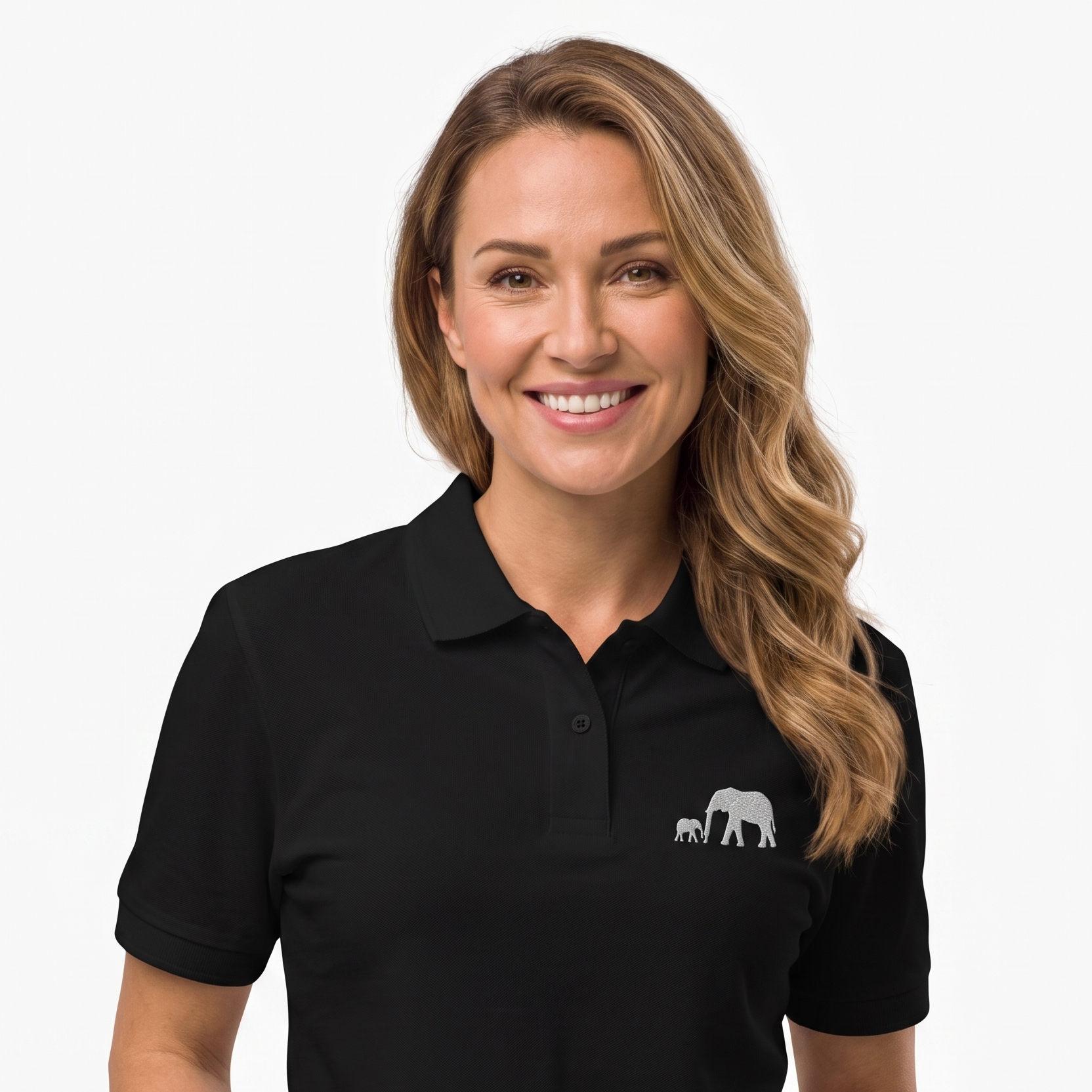 Woman wearing a black polo shirt with a mama and baby elephant on a white background