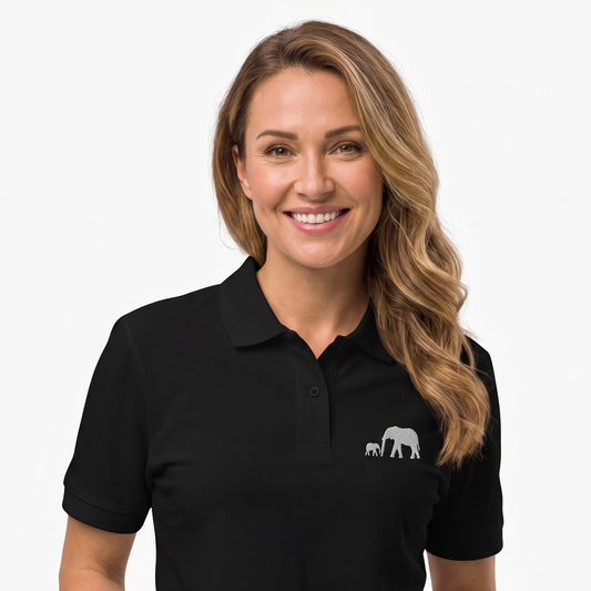 Woman wearing a black polo shirt with a mama and baby elephant on a white background