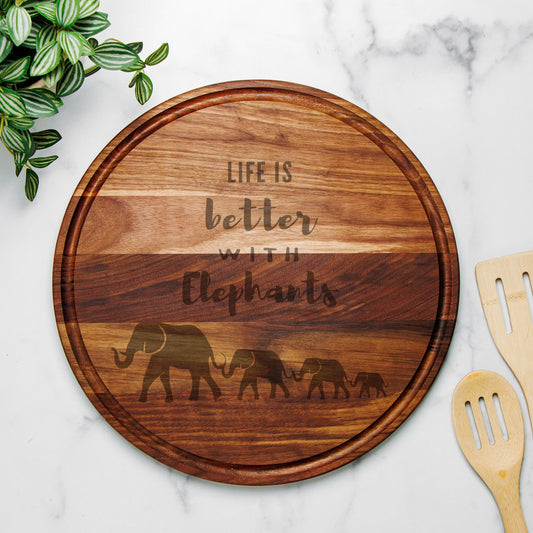 Life Is Better with Elephants Round Charcuterie Board – Housewarming Gift, Elephant Lover Wedding Gift