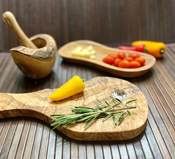 Mediterranean Olive Wood Serving Collection | Cutting Board, Wood Bowl, Mortar & Pestle