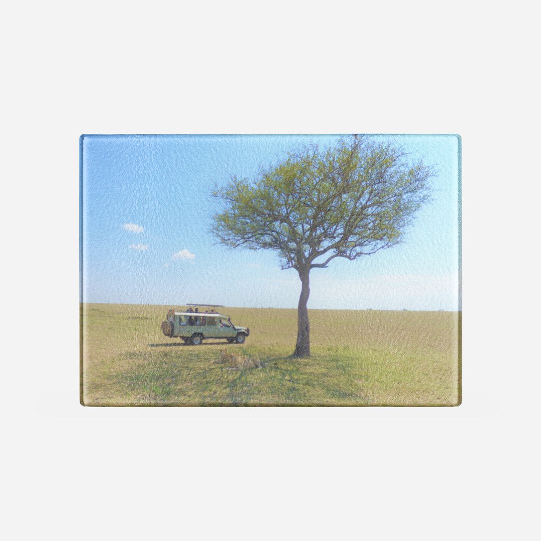 Safari Cutting Board Glass | African Safari Kitchen Decor | Acacia Tree Landscape | Safari Vehicle Art Board | Nature Lover Gift | Charcuterie Board