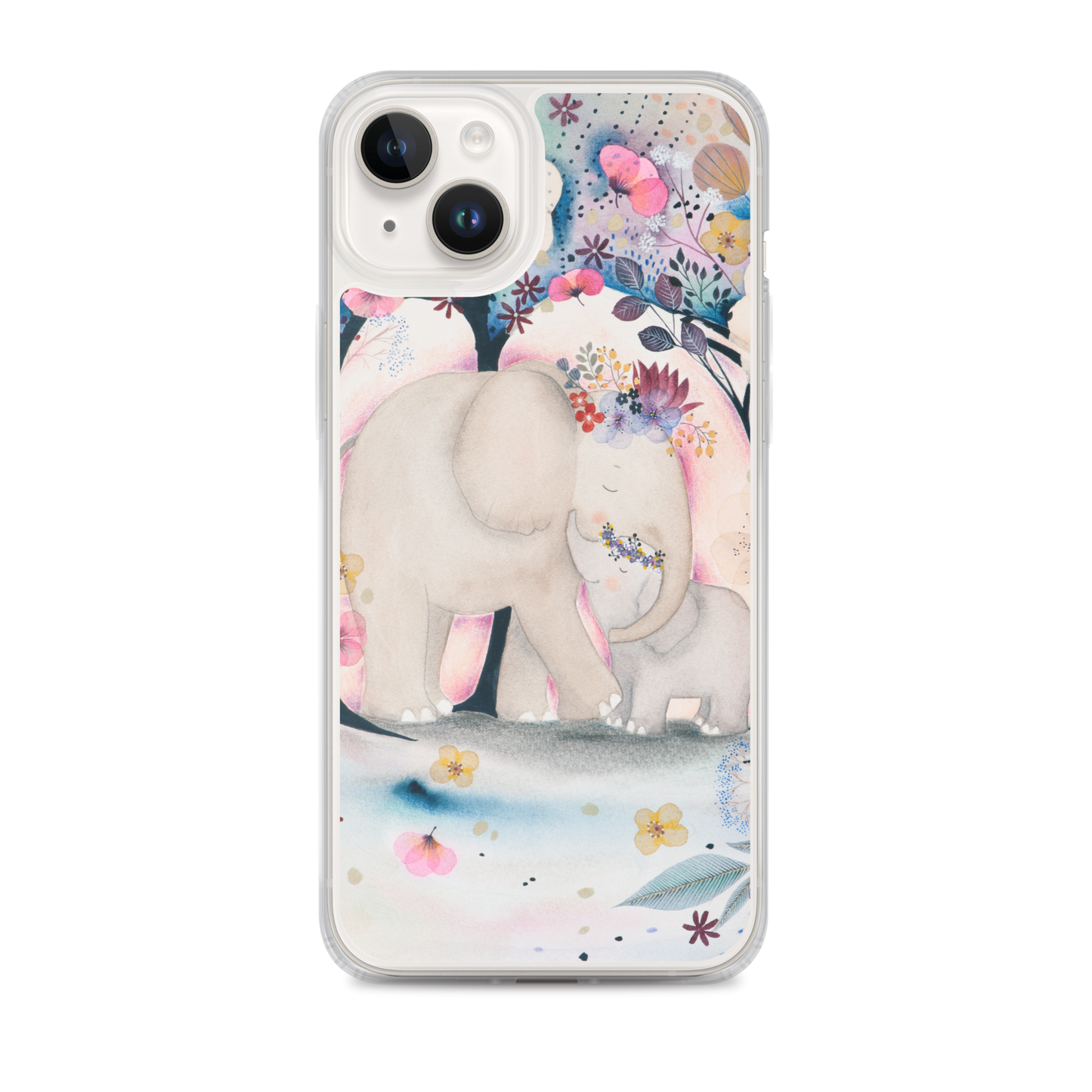 iPhone Case with Ethereal Baby Elephant Princess Illustration and Flowers