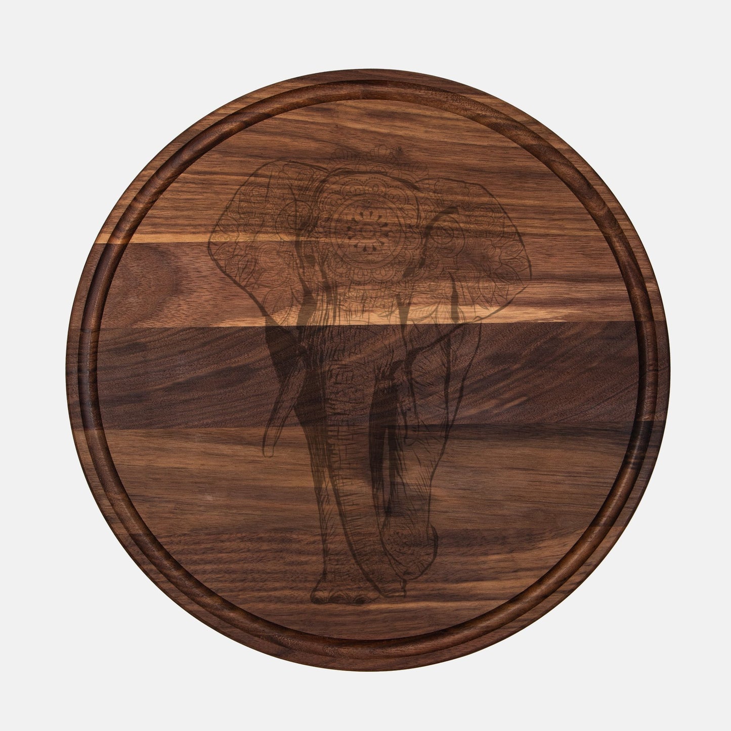 Beautiful Mandala Elephant Charcuterie Round Walnut Board with Groove, Housewarming Gift