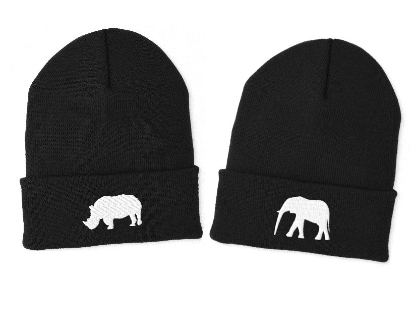 Embroidered Elephant and Rhino Cuffed Beanies - set of two