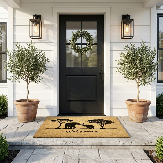 Safari elephant welcome coir mat featuring a mama elephant and baby elephant on a modern farmhouse porch with a black front door.