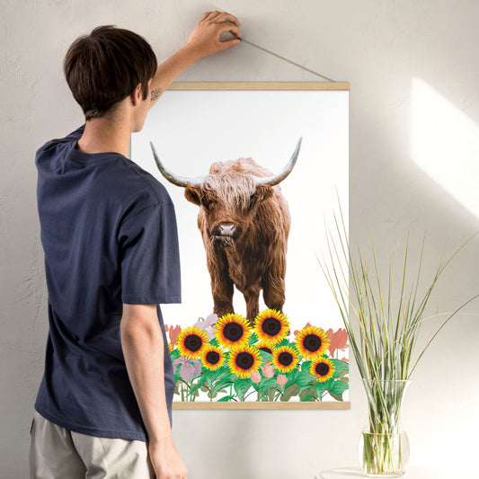 Highland Cow in Sunflower Field Poster with Wooden Hanger - Add Creativity and Depth to Your Space