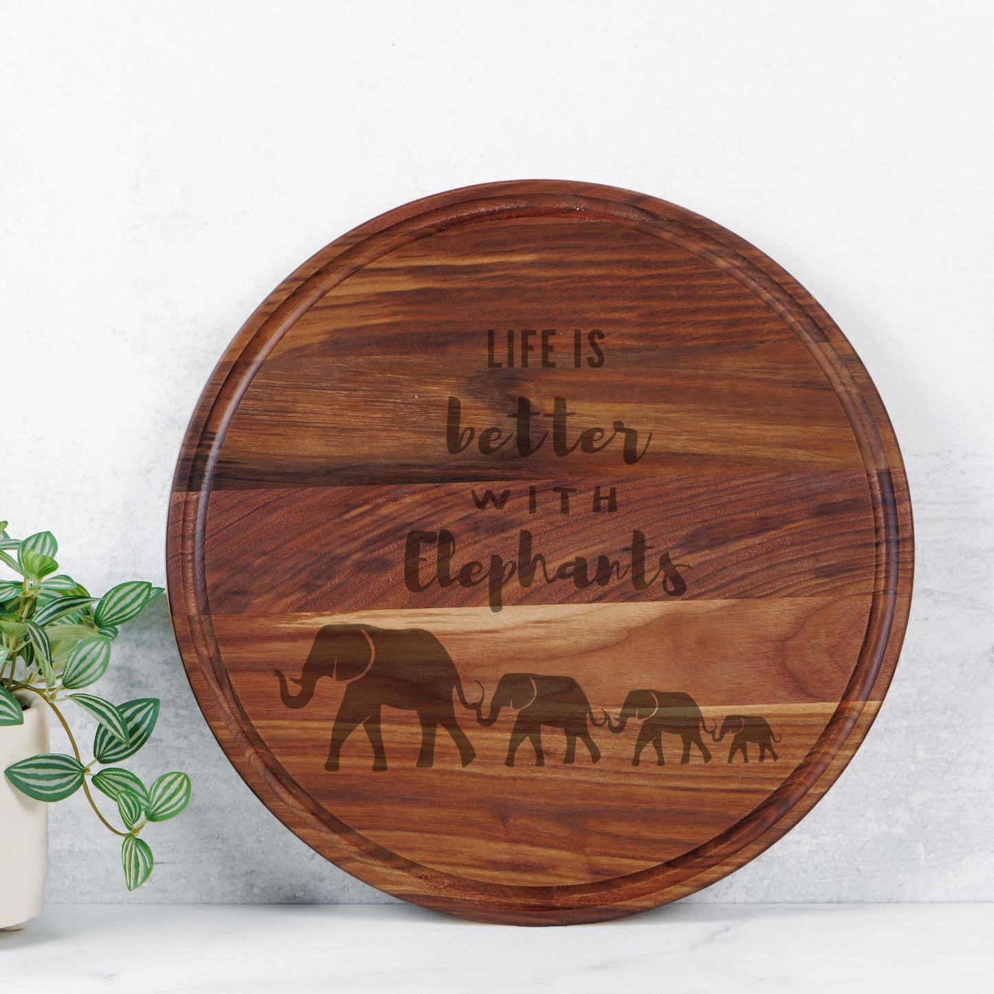 Life Is Better with Elephants Round Charcuterie Board – Housewarming Gift, Elephant Lover Wedding Gift