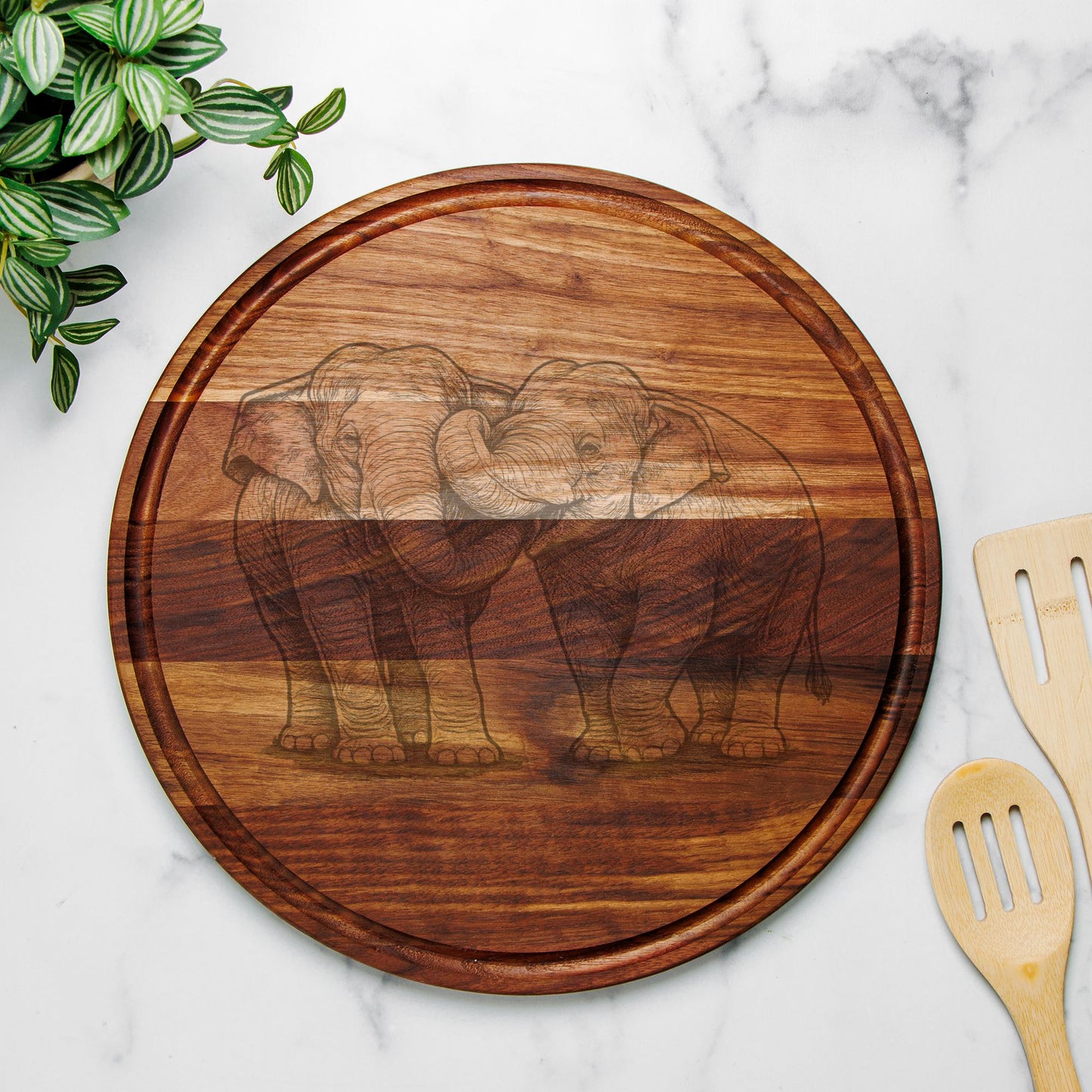 Round Asian Elephant Charcuterie Board – Housewarming Gift, Safari Cheese Board, Walnut Serving Board