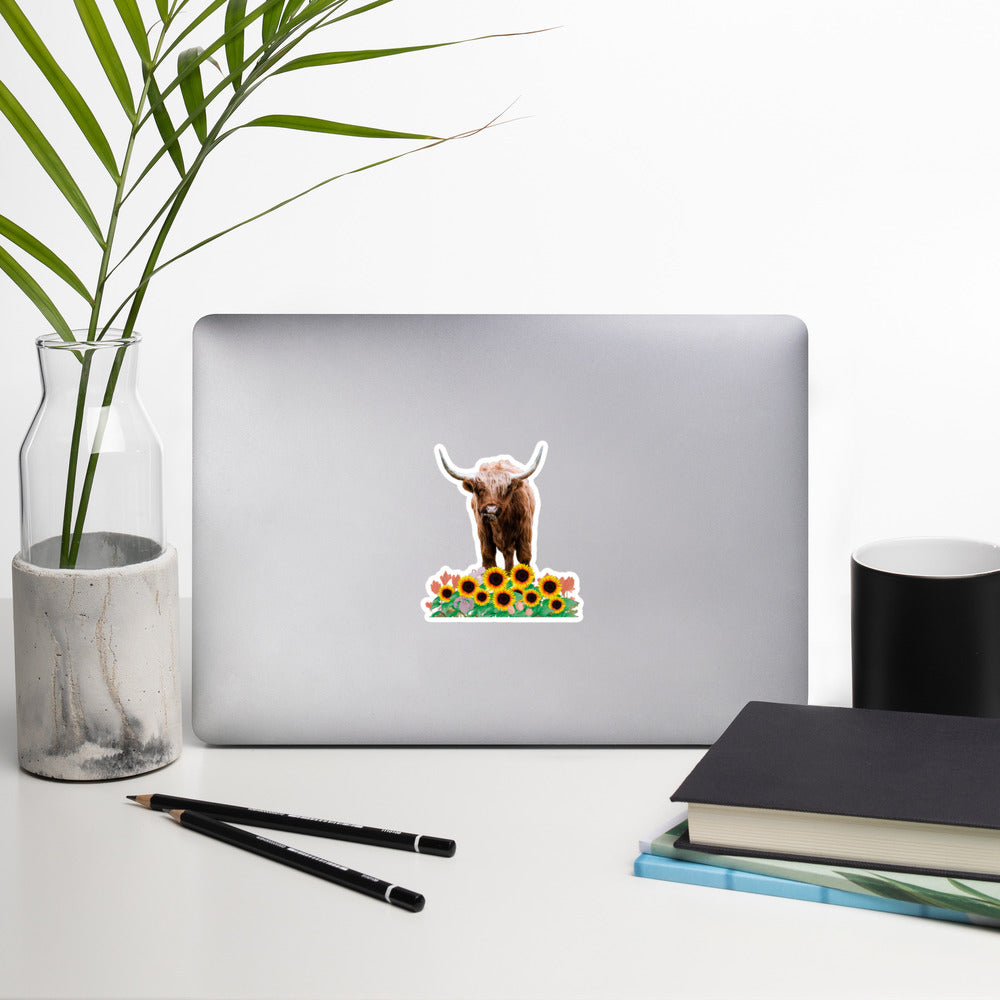 Highland Cow in Sunflower Field Stickers - Adorable Charm for Indoor Surfaces | Bubble-free stickers