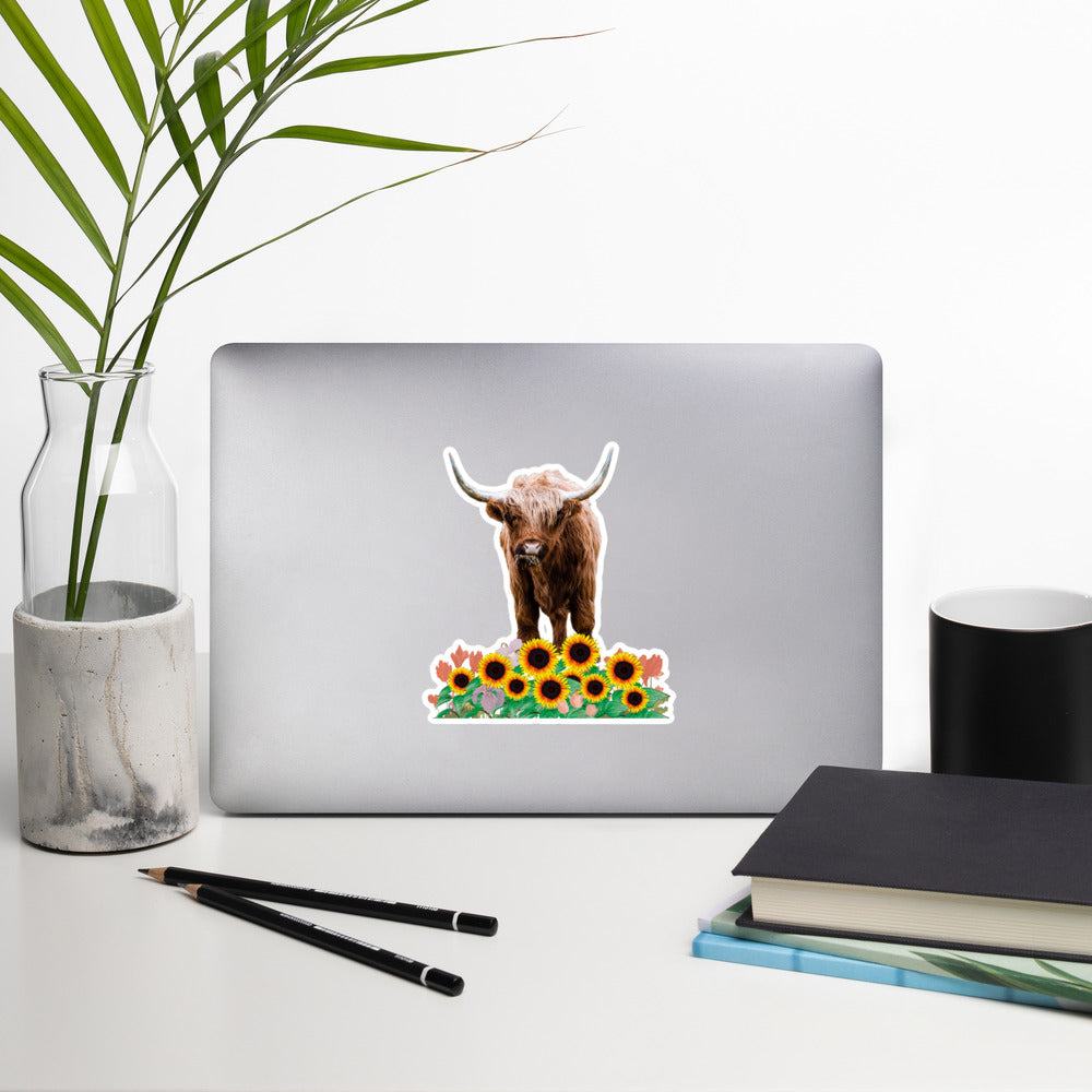 Highland Cow in Sunflower Field Stickers - Adorable Charm for Indoor Surfaces | Bubble-free stickers