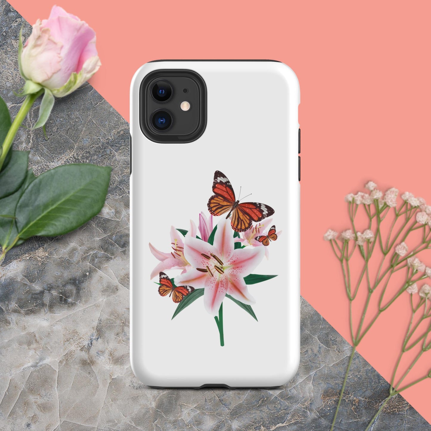 Tough iPhone® Case Magic: Embrace the Captivating Charm of Butterflies and Lilies with a Touch of Cuteness!