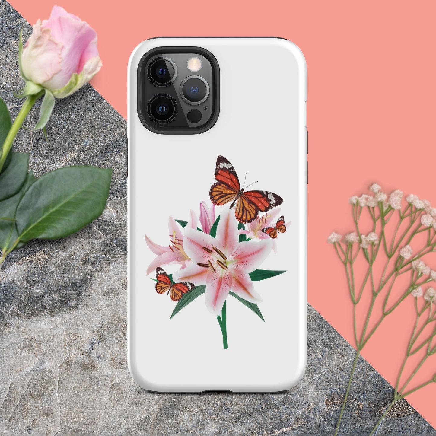 Tough iPhone® Case Magic: Embrace the Captivating Charm of Butterflies and Lilies with a Touch of Cuteness!