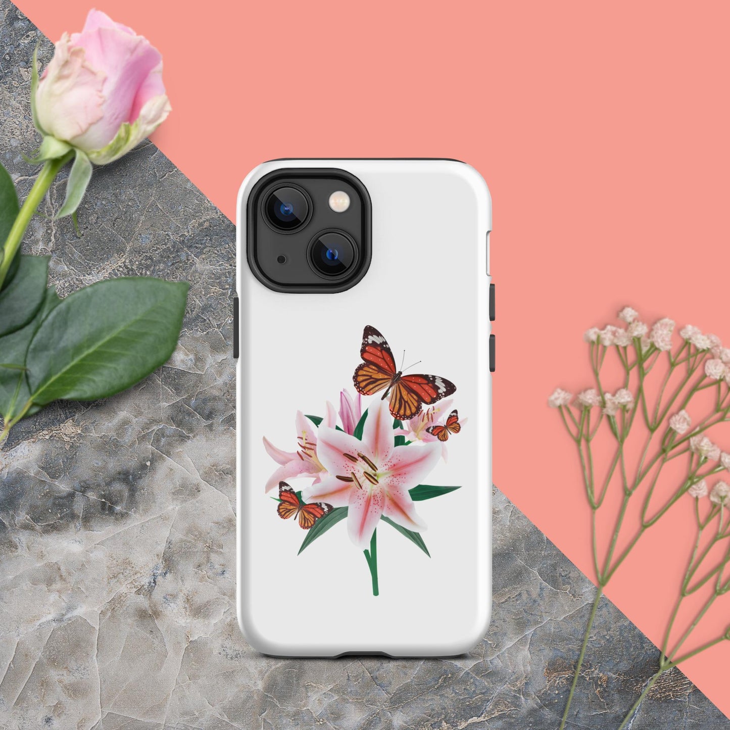 Tough iPhone® Case Magic: Embrace the Captivating Charm of Butterflies and Lilies with a Touch of Cuteness!