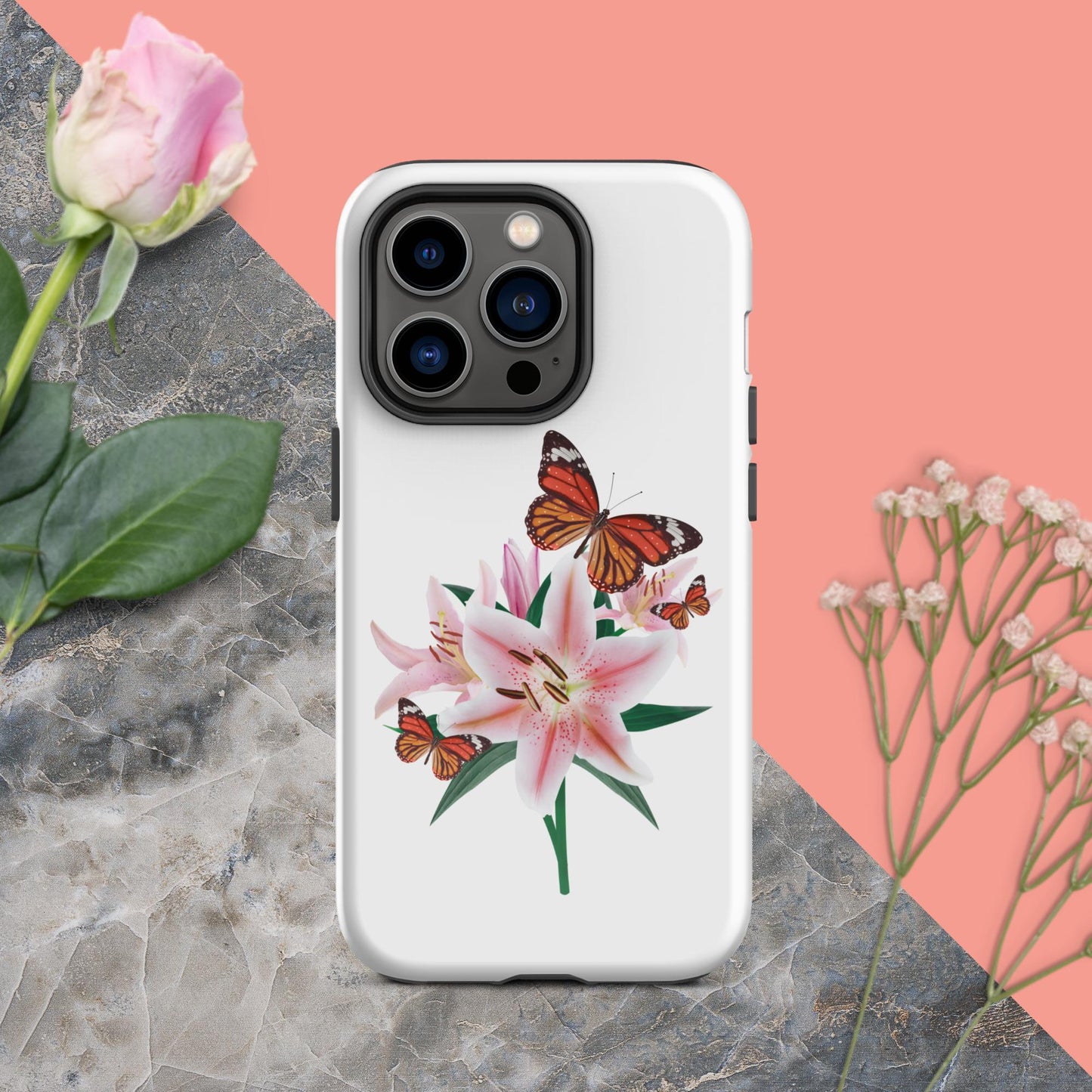 Tough iPhone® Case Magic: Embrace the Captivating Charm of Butterflies and Lilies with a Touch of Cuteness!