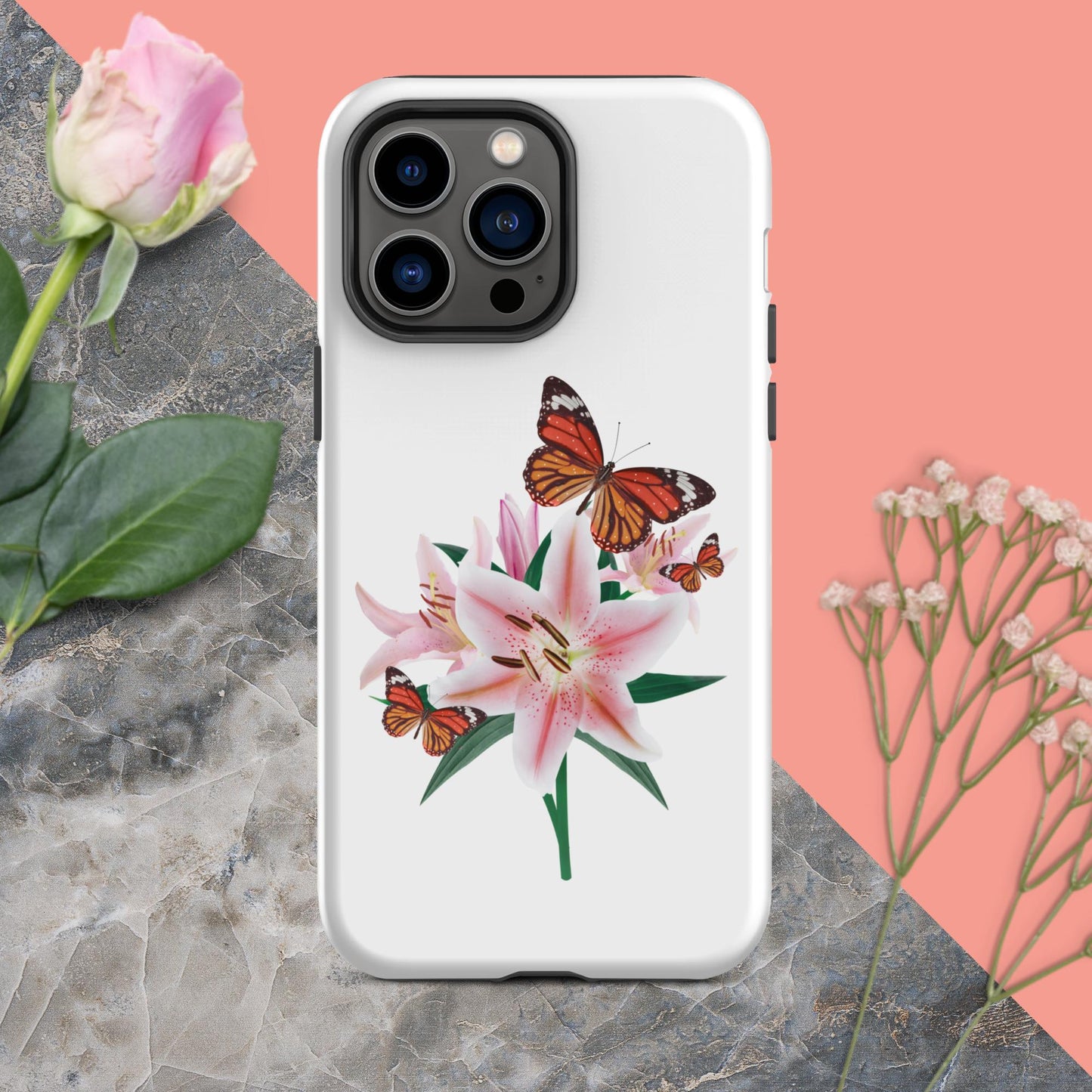 Tough iPhone® Case Magic: Embrace the Captivating Charm of Butterflies and Lilies with a Touch of Cuteness!