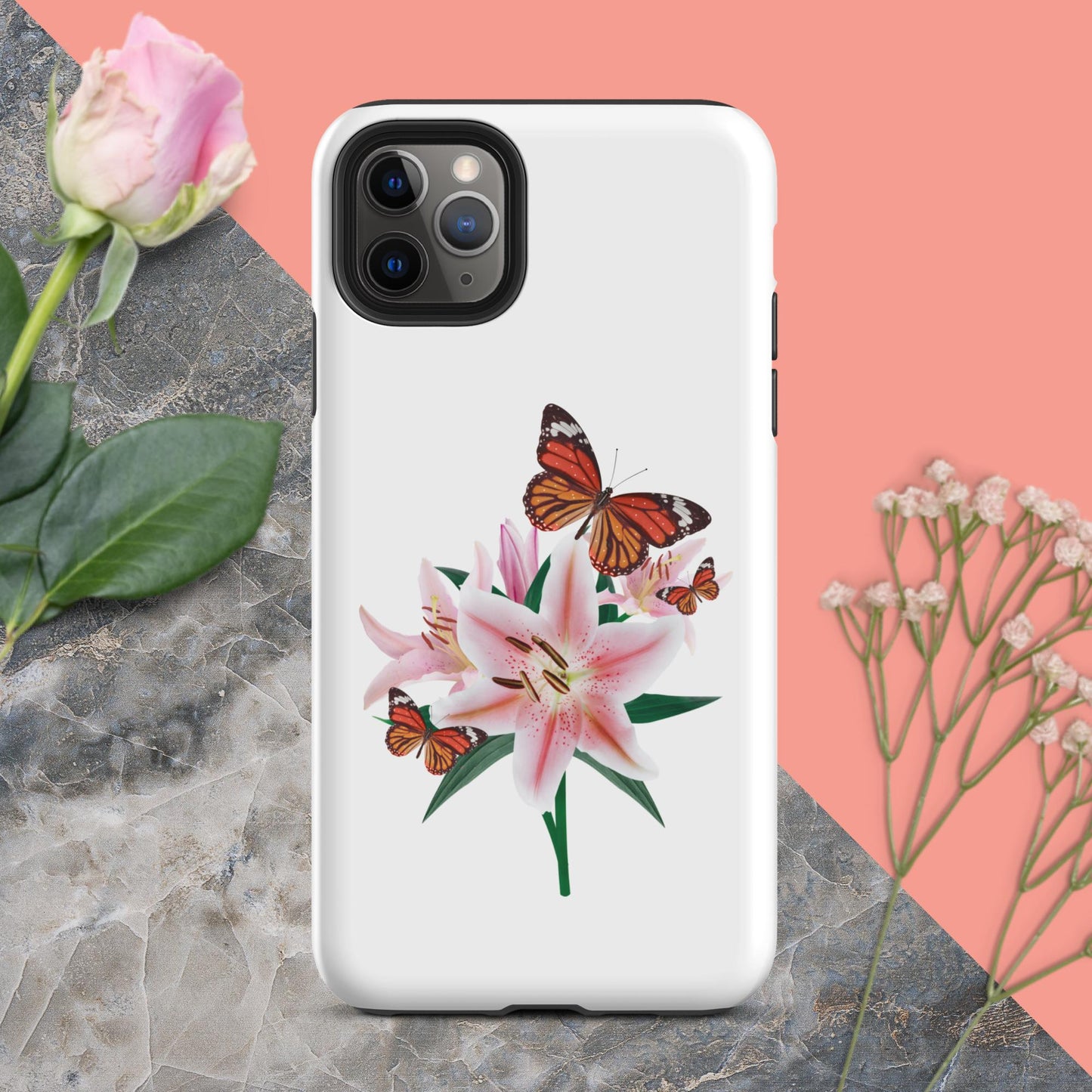 Tough iPhone® Case Magic: Embrace the Captivating Charm of Butterflies and Lilies with a Touch of Cuteness!