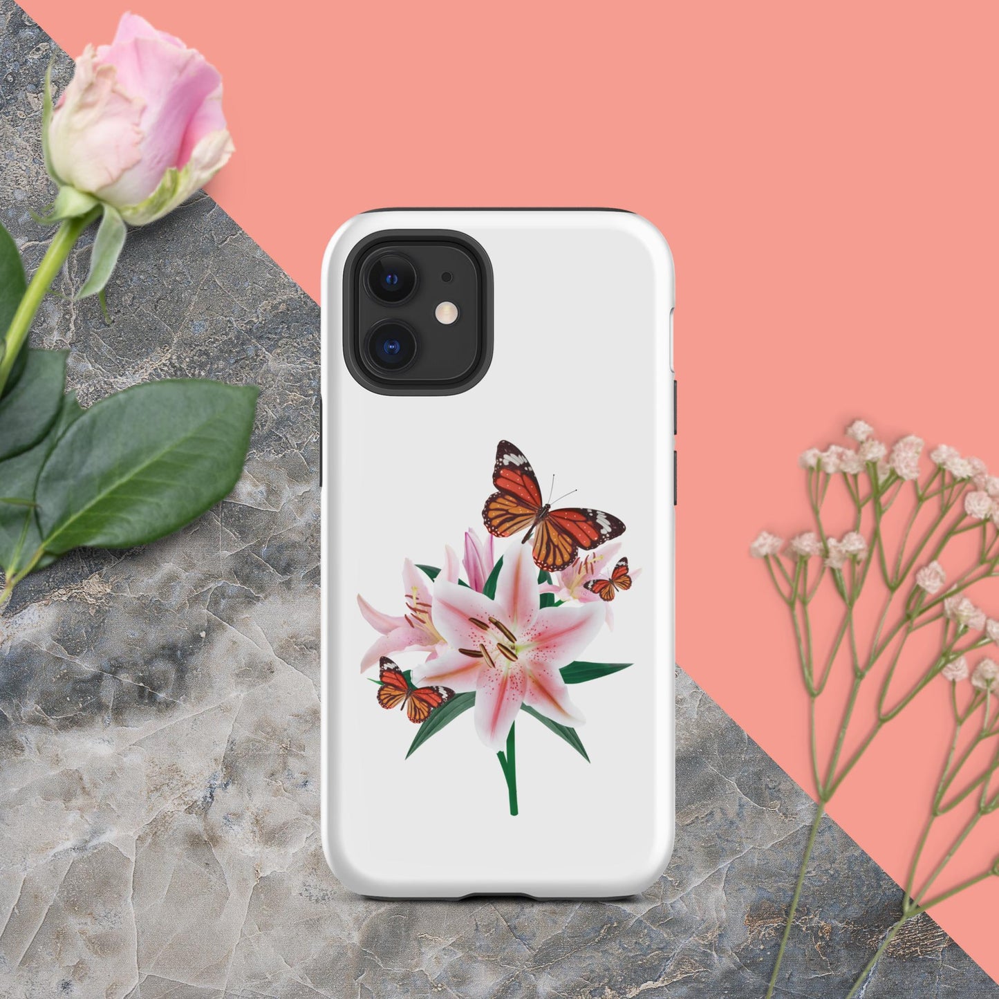 Tough iPhone® Case Magic: Embrace the Captivating Charm of Butterflies and Lilies with a Touch of Cuteness!