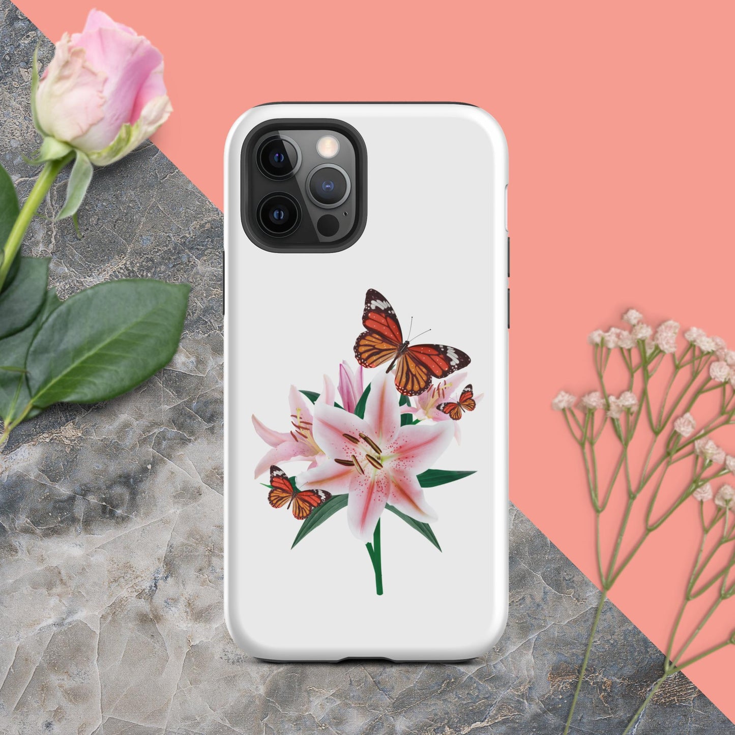 Tough iPhone® Case Magic: Embrace the Captivating Charm of Butterflies and Lilies with a Touch of Cuteness!