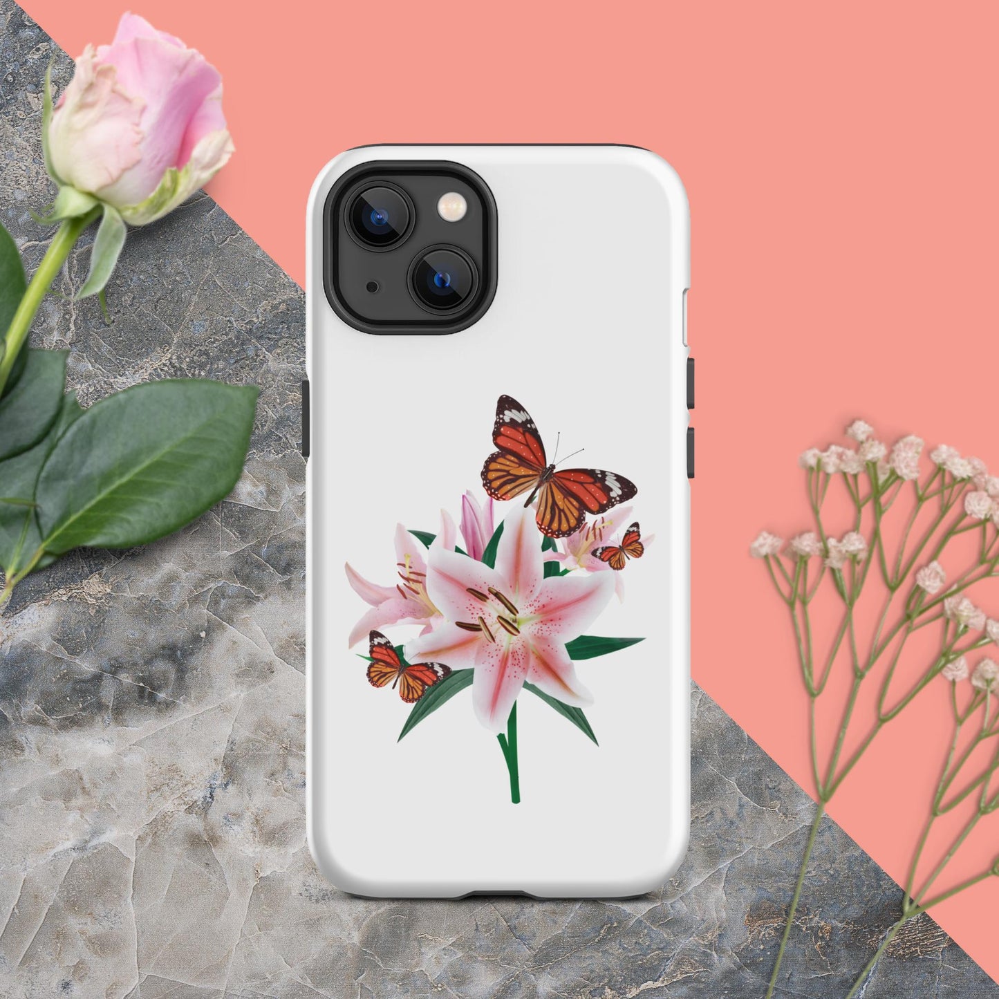 Tough iPhone® Case Magic: Embrace the Captivating Charm of Butterflies and Lilies with a Touch of Cuteness!