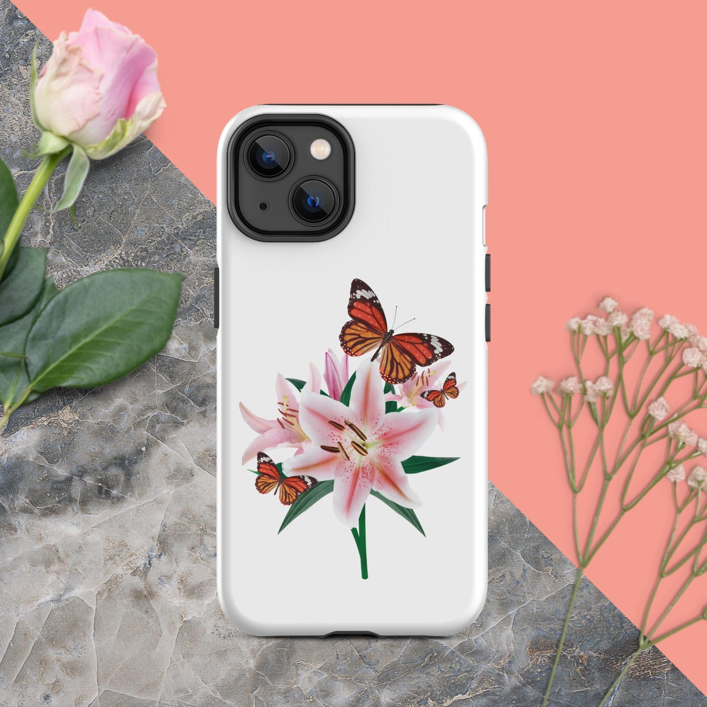 Tough iPhone® Case Magic: Embrace the Captivating Charm of Butterflies and Lilies with a Touch of Cuteness!