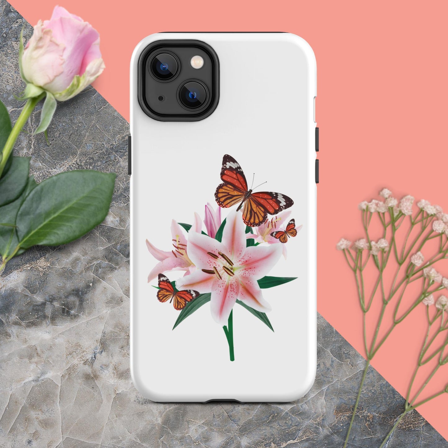 Tough iPhone® Case Magic: Embrace the Captivating Charm of Butterflies and Lilies with a Touch of Cuteness!