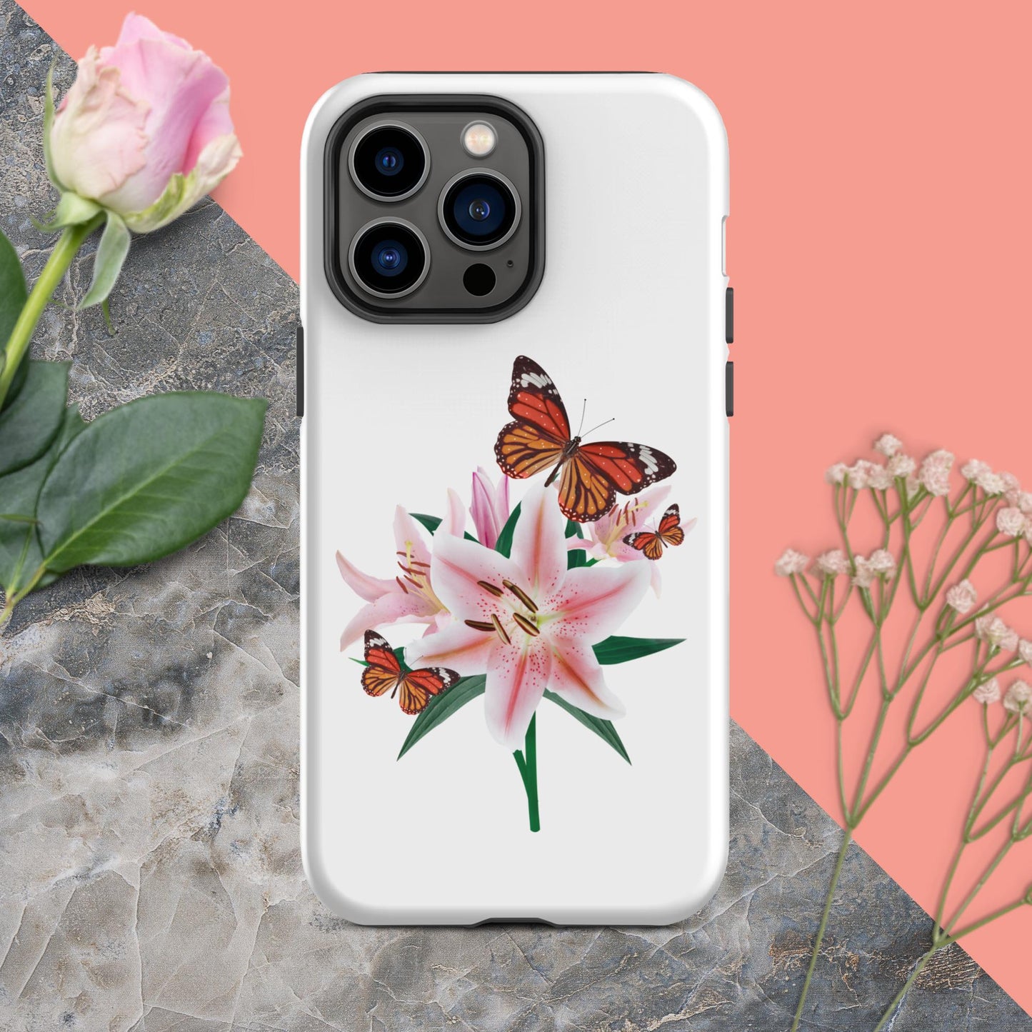 Tough iPhone® Case Magic: Embrace the Captivating Charm of Butterflies and Lilies with a Touch of Cuteness!