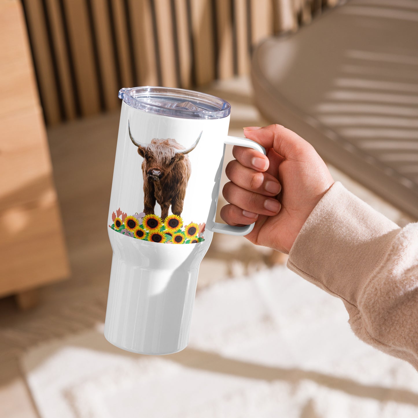Sip Nature's Charm On The Go with our Captivating Highland Cow in Sunflower Field Travel Mug - White Travel mug with a handle