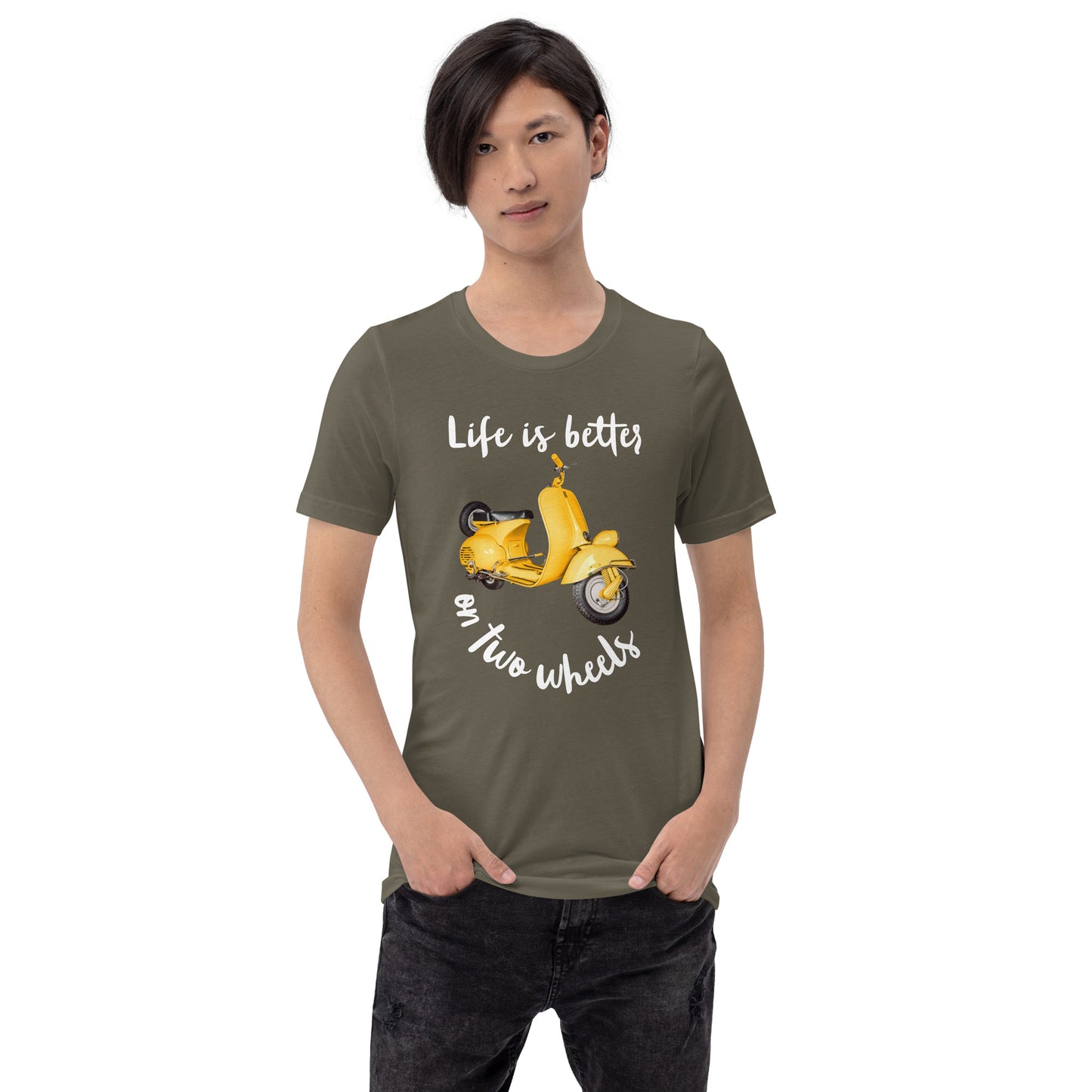 Dark Unisex t-shirt Travel Shirt, Wanderlust Tee, Life is Better on Two Wheels Yellow Scooter T-shirt, Adventure-Ready Cotton Shirt, Tees