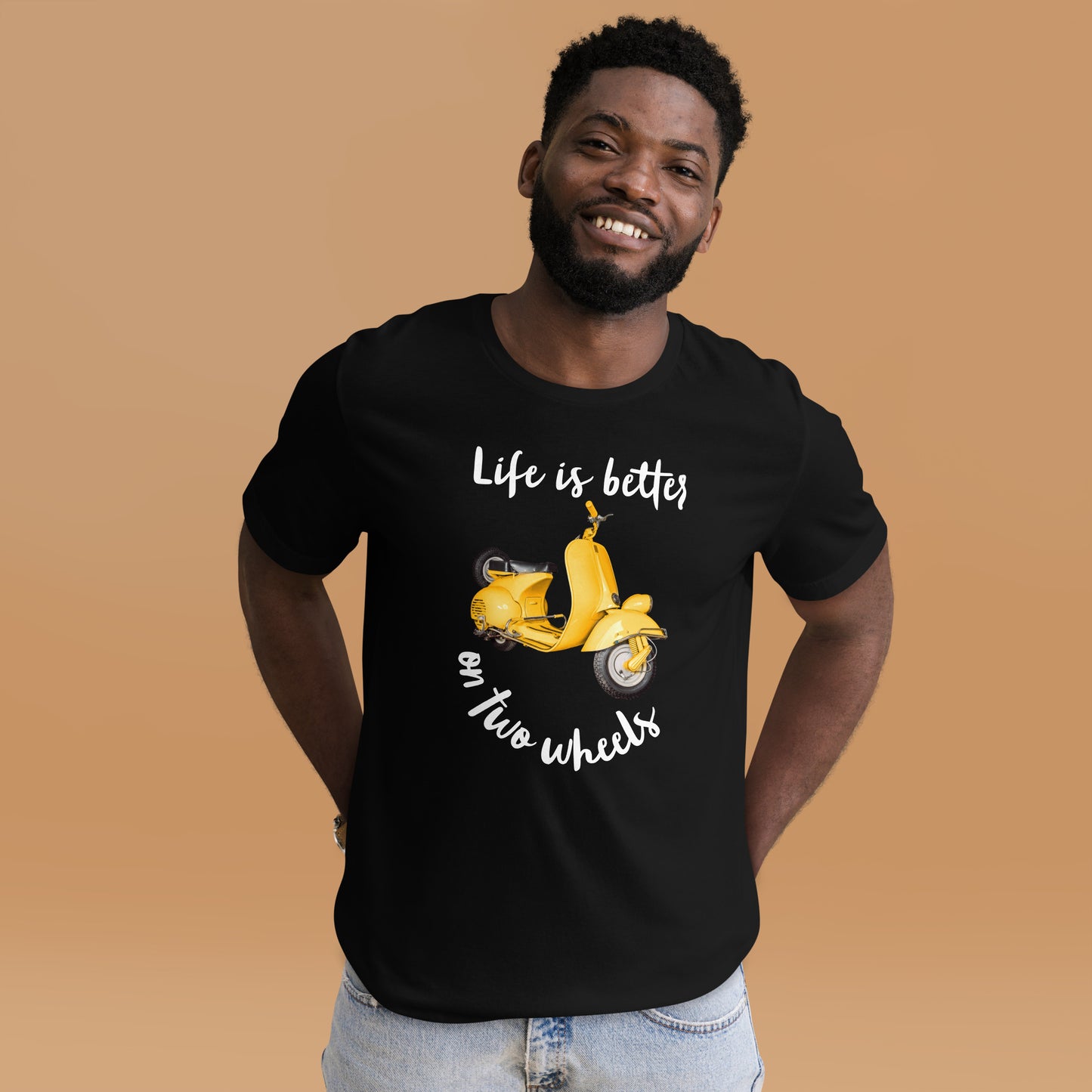 Dark Unisex t-shirt Travel Shirt, Wanderlust Tee, Life is Better on Two Wheels Yellow Scooter T-shirt, Adventure-Ready Cotton Shirt, Tees