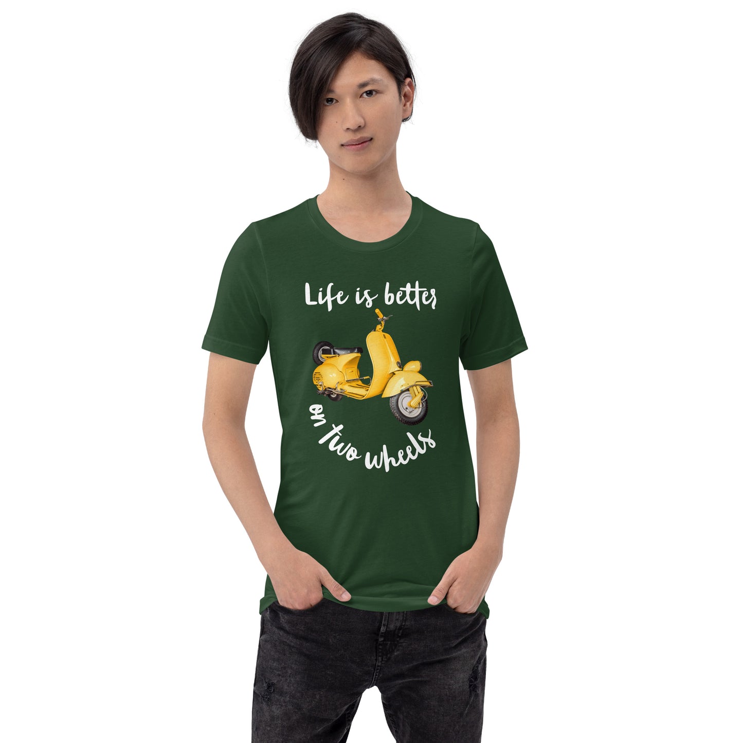 Dark Unisex t-shirt Travel Shirt, Wanderlust Tee, Life is Better on Two Wheels Yellow Scooter T-shirt, Adventure-Ready Cotton Shirt, Tees